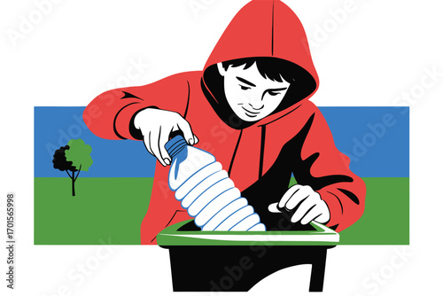Young person in red hoodie recycling plastic bottle into green bin outdoors