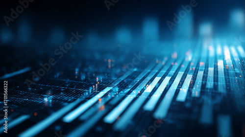 Blue tone bar chart with rising trend and digital lines