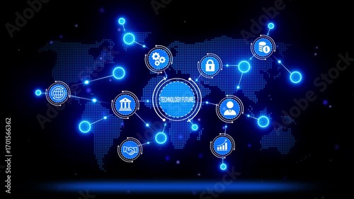 Wallpaper Mural Global Technology Network Connection Digital World Map Futuristic Innovation Data Flow Business Connections Corporate Growth Security Finance People Icons Torontodigital.ca