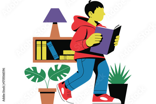 Young person in red hoodie walking and reading a book in a cozy room with plants