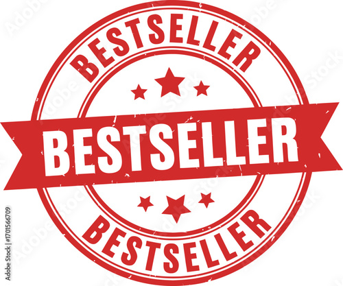 Bestseller Stamp Badge Design with Red Ribbon and Stars on White Background Isolated