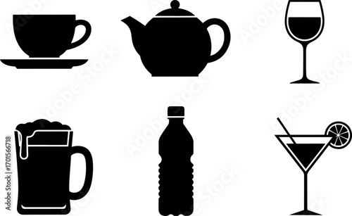 Various drinkware silhouettes including a teacup, teapot, wine glass, beer mug, water bottle, and cocktail glass arranged on a white surface, creating a clean and simple aesthetic.