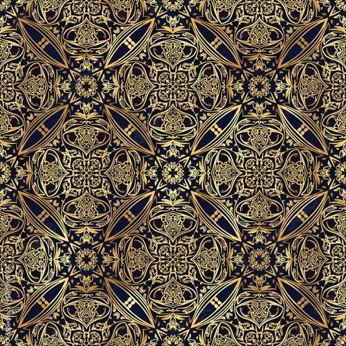 Ornate golden pattern with symmetrical elements on a dark navy background, patern seamless, royalty stock.