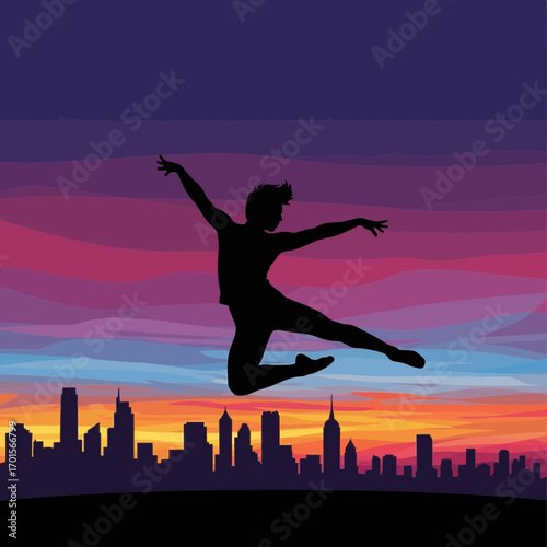 Energetic Silhouette of a Dancer Leaping Against a City Skyline