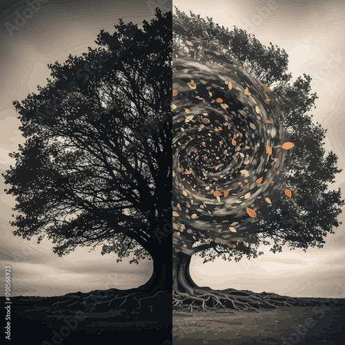 Conceptual Double Exposure of an Ancient Tree with a Swirling Vortex