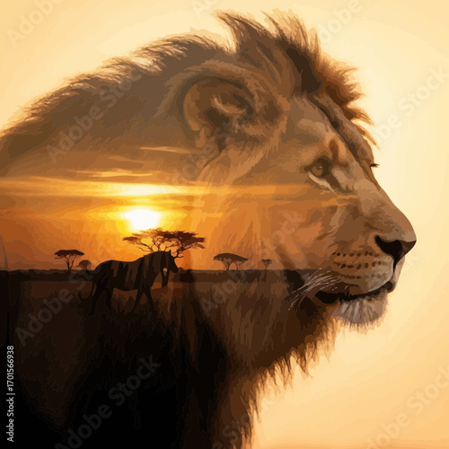 Cinematic Double Exposure: Lion Profile with Savannah Sunset