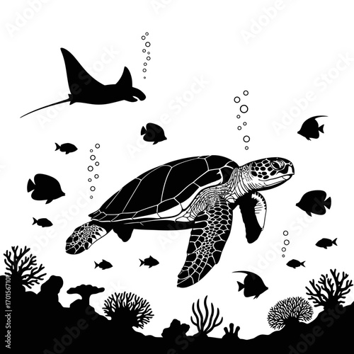 Vector Silhouette of an Ancient Sea Turtle Swimming Calmly