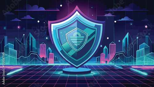 Digital security shield and futuristic cityscape illustration representing cyber protection and data safety in a tech-driven environment