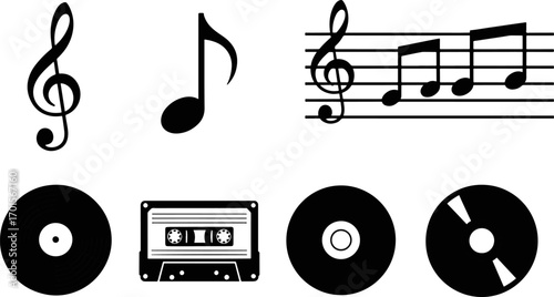 Musical notes and vinyl records arranged with a cassette tape representing audio media and sounds of the past, creating a nostalgic atmosphere.