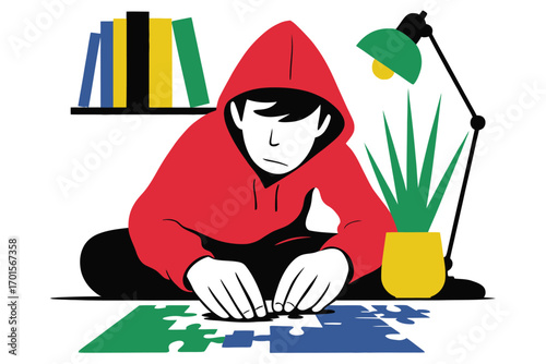 Young person wearing a red hoodie focused on assembling a colorful jigsaw puzzle on the floor
