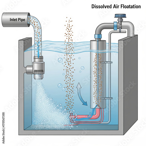 detailed diagram illustrating the dissolved air flotation (DAF) process, showing how tiny air bubbles lift suspended solids and pollutants to the surface for removal.