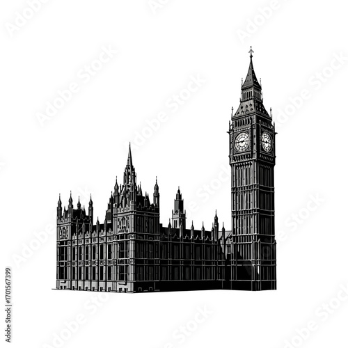 Clean Vector Silhouette of Big Ben and London's Houses of Parliament