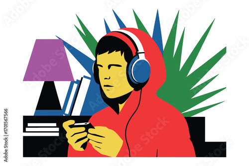 Young person wearing headphones and playing video games on a smartphone indoors