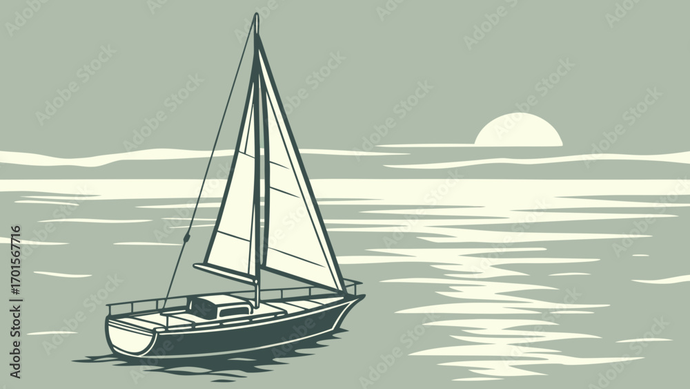 Fototapeta premium Stylized Sailboat on Calm Sea Vector Illustration