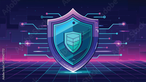 Digital shield representing cyber security protection against threats on a futuristic technology network background