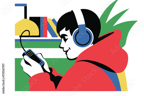 Young person wearing headphones enjoys music from a portable device outdoors with colorful abstract background