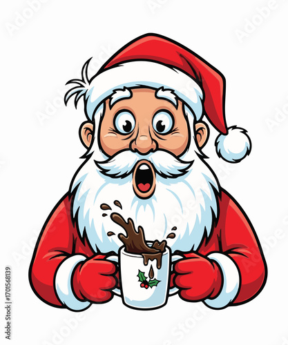 A surprised santa claus with wide eyes and open mouth, spilling hot chocolate from a mug