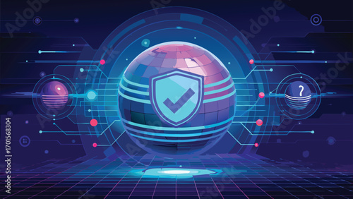 Futuristic cyber security globe shield with check mark surrounded by digital network elements for digital security visuals