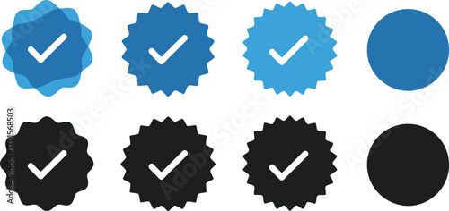 Blue Verification Badge Icons Set with Check Marks on Transparent Background