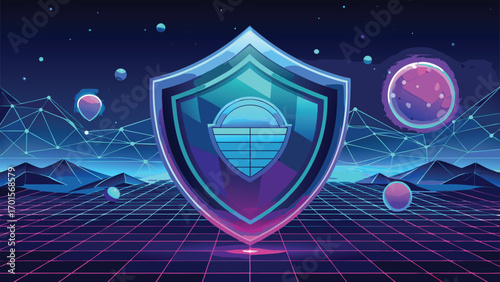 Futuristic cyber security shield icon representing digital data protection and online safety in a retro aesthetic style.