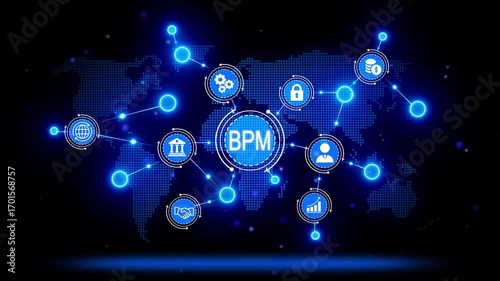 Wallpaper Mural Business Process Management B P M Global Network Digital Transformation Technology Infographic Icons Connected World Map Data Analysis Strategy Workflow Optimization Corporate Finance Security Torontodigital.ca