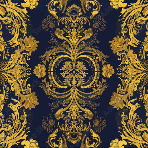 Ornate golden damask pattern on a dark blue background with vintage elegance, patern seamless, royalty stock.