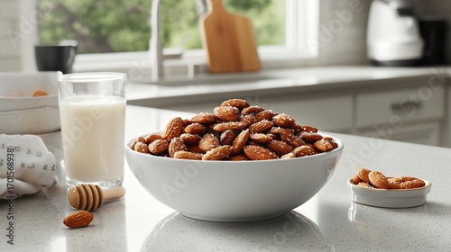 Bowl filled with roasted almonds sprinkled with sea salt placed on a modern kitchen countertop with a glass of almond milk and a small dish of honey beside it for a healthy snack setting