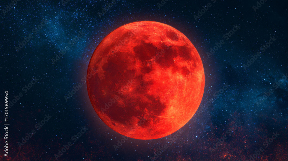 Fototapeta premium A Striking Blood-Red Moon Suspended in a Starry Sky, Its Surface Undulating with Liquid-Like Ripples, Perfect for Illustrating Science Fiction and Celestial Concepts