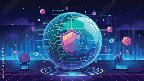 Futuristic digital security concept depicting a shield and a globe symbolizing data protection and cybersecurity
