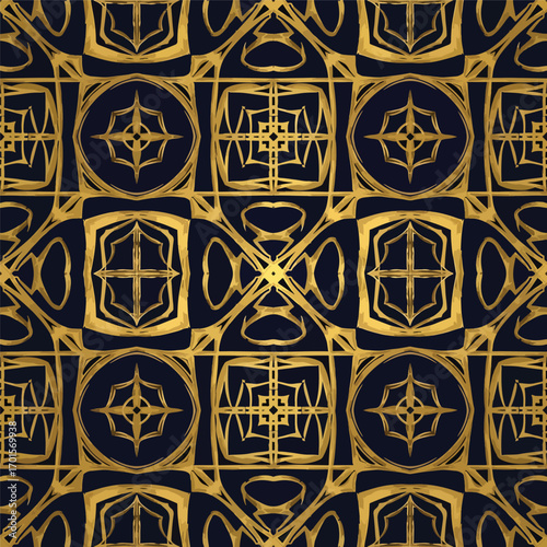 Ornate gold geometric pattern on dark background evokes luxury and sophistication, seamless pattern, Stock royalty.