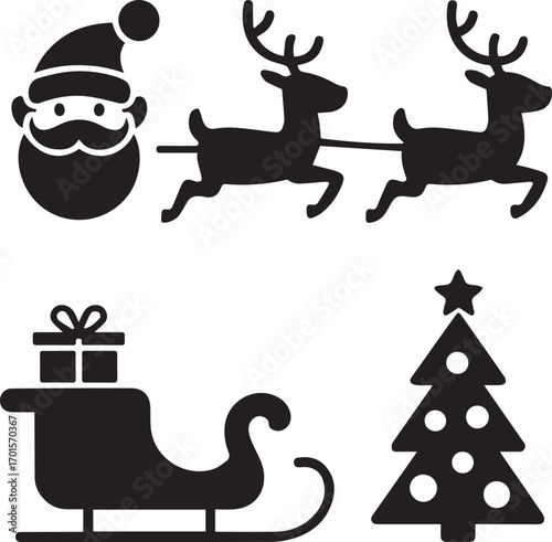 Festive christmas icons silhouette santa reindeer sleigh gift tree for holiday design