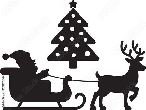 Silhouette of santa claus in a sleigh pulled by a reindeer with a christmas tree