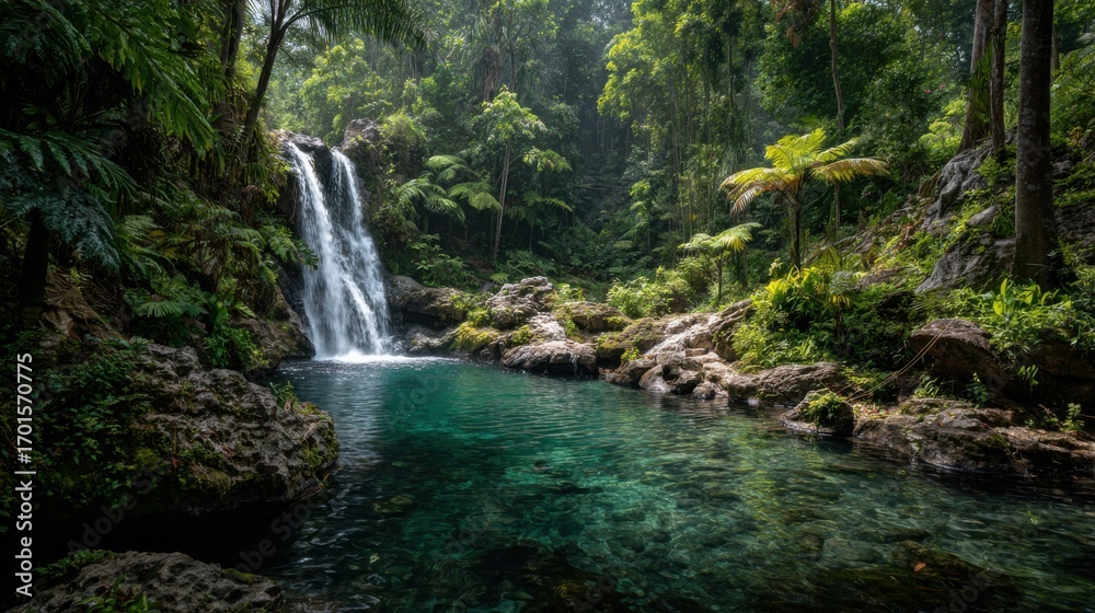 Fototapeta premium Lush waterfall cascading into a tranquil pool in a dense rainforest