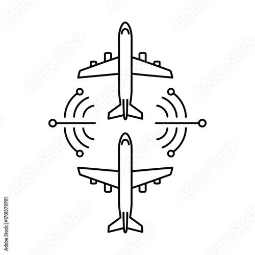 Two airplanes stacked vertically with signal waves and circles