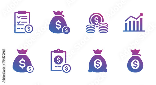 Financial icons representing growth and investment displayed on white, suggesting success and prosperity in business, with a modern and clean aesthetic.