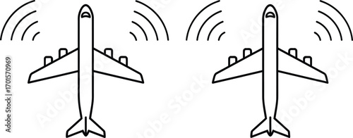 Two airplanes angled with signal waves emanating from them on a white background