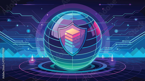 Secure global data network represented by a shielded globe in futuristic digital interface illustration