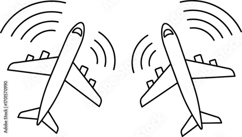 Two airplanes angled towards each other with signal waves on white background aircraft