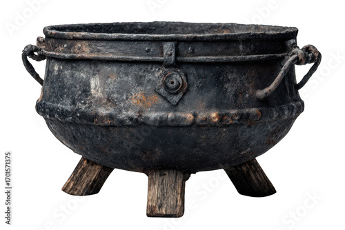 A weathered cast iron cauldron with three wooden legs and metal handles, showing rust and signs of age.