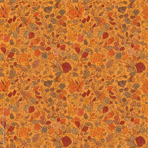 Ornate floral pattern with autumnal hues and elegant botanical designs seamlessly arranged, seamless pattern, Stock royalty image.