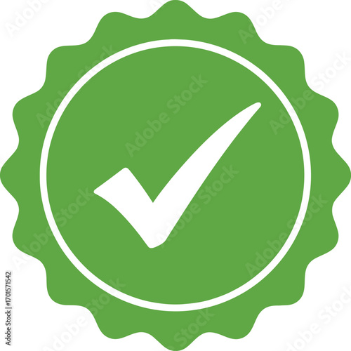Green Approved Badge Icon with White Check Mark and Scalloped Edges on Isolated White