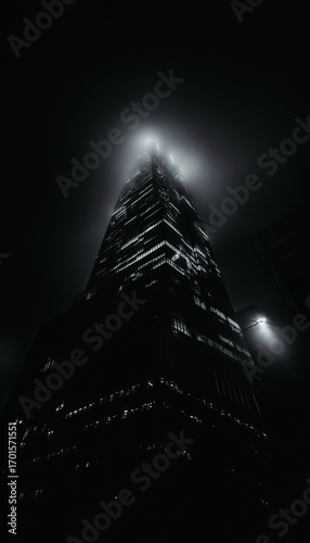 Skyscraper Tower Disappearing Into Fog — Black and White