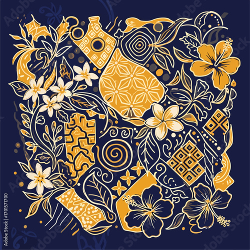 Ornate floral arrangement with tropical flowers and patterned vessels artfully displayed, seamless pattern, royalty free stock.