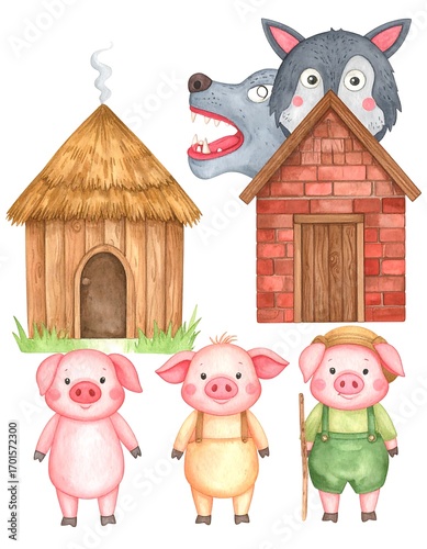 Watercolor illustration of Three Little Pigs