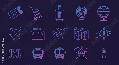 Travel themed line art depicting various transportation methods and destinations against a dark purple gradient creates a modern and minimalist aesthetic.