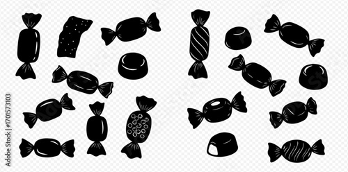 An assortment of wrapped and unwrapped candies, various shapes and sizes, depicted in a monochrome, graphic style.