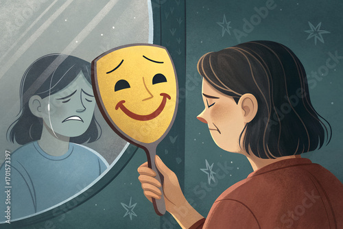 Woman hiding sadness behind a happy mask in front of a mirror