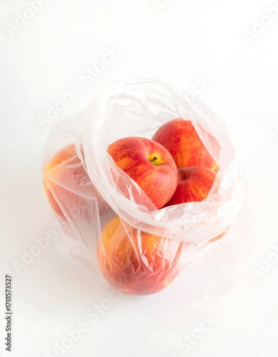Four ripe peaches in a clear plastic bag