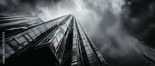 Black and white sky and clouds above modern skyscraper