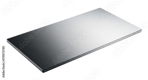 Engineered rectangular metallic sheet, gradient matte black to polished steel grey, vertical texture, laser-cut edges, medium close-up, transparent background, modern precision, futuristic design